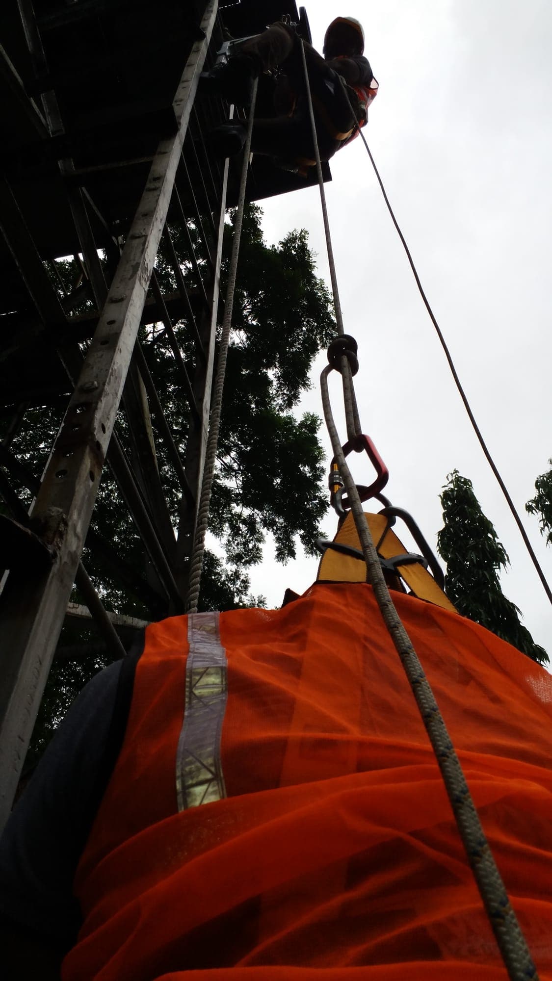 Rescue equipment being raised on a line during a work at height rescue exercise