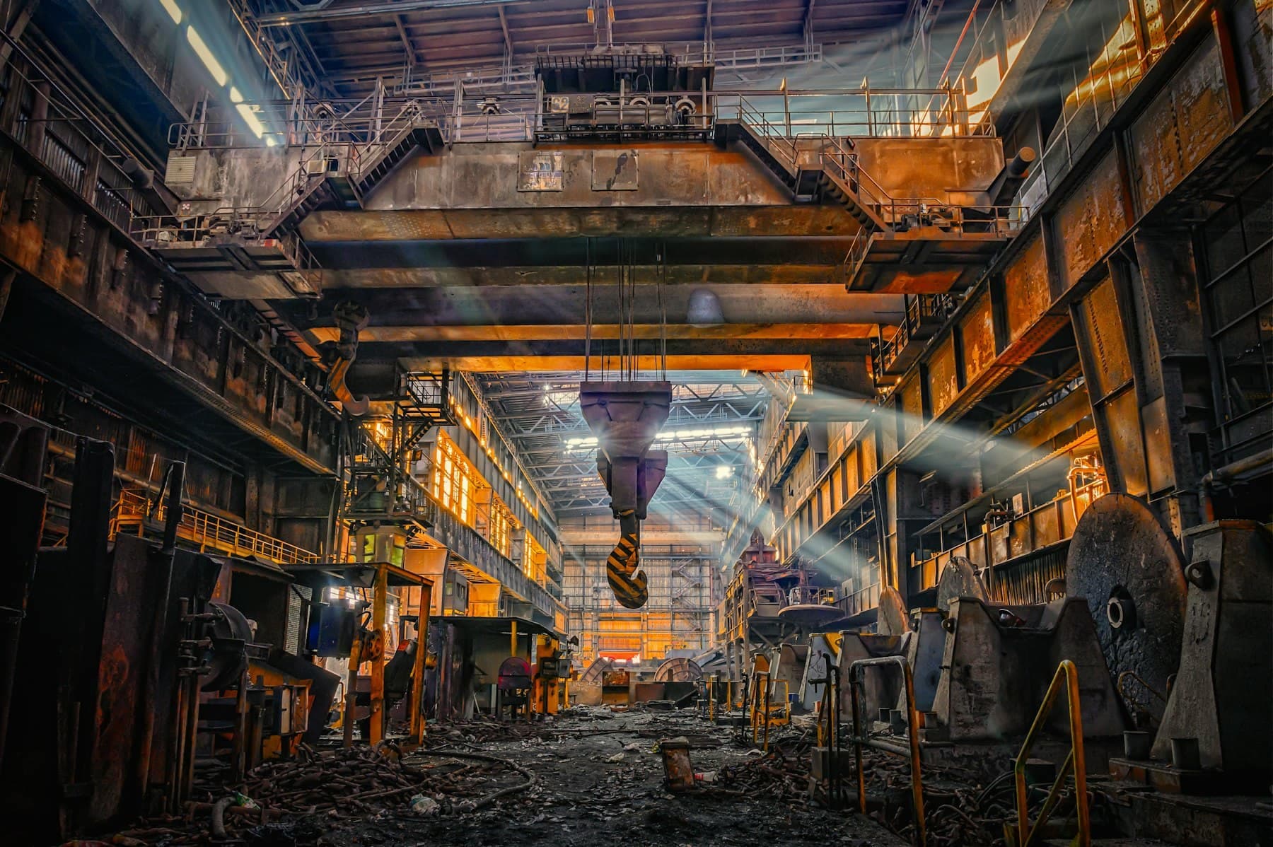 Steel plant with overhead crane and elevated structures