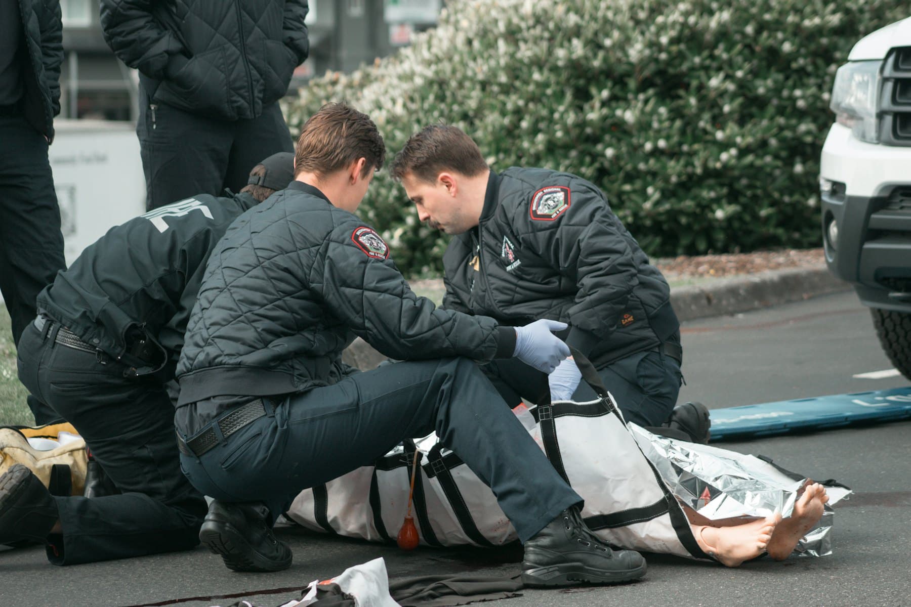 Trauma assessment practised on a manikin at a skills station