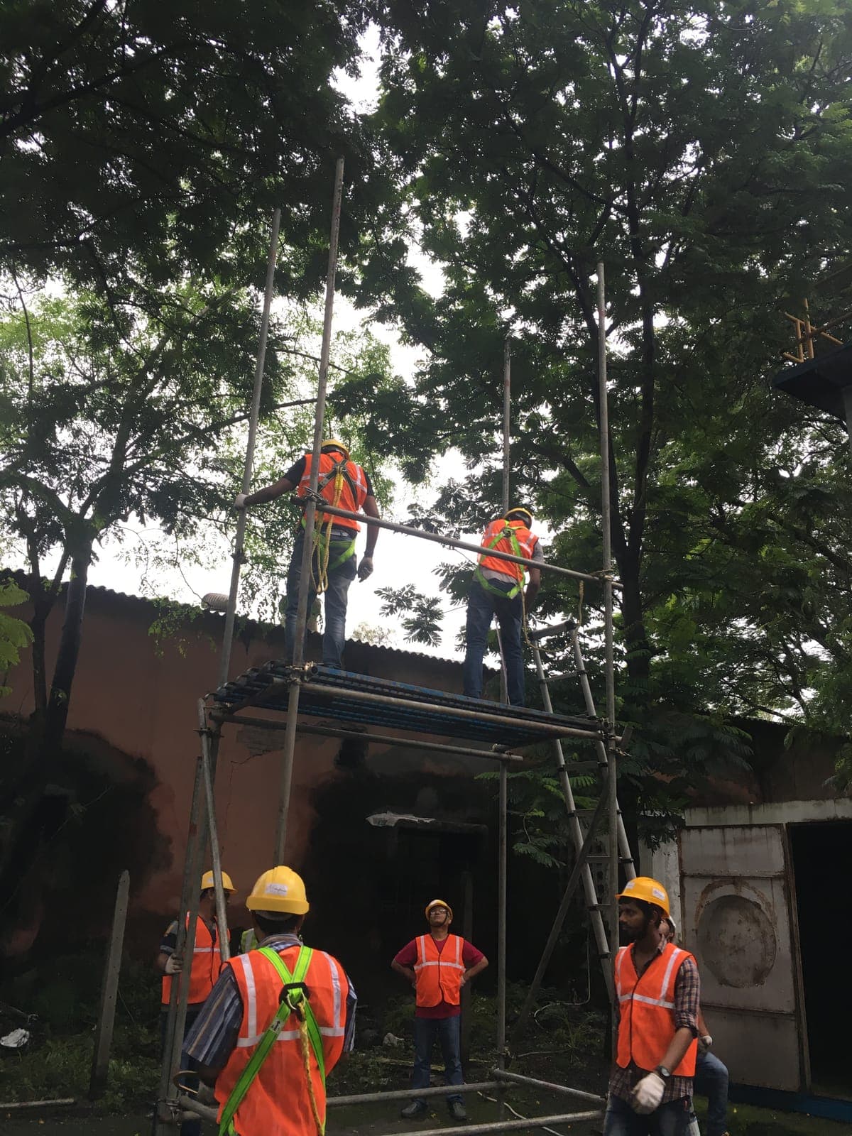 Workers in hard hats and high-visibility vests erecting a scaffold, two of them working on the platform